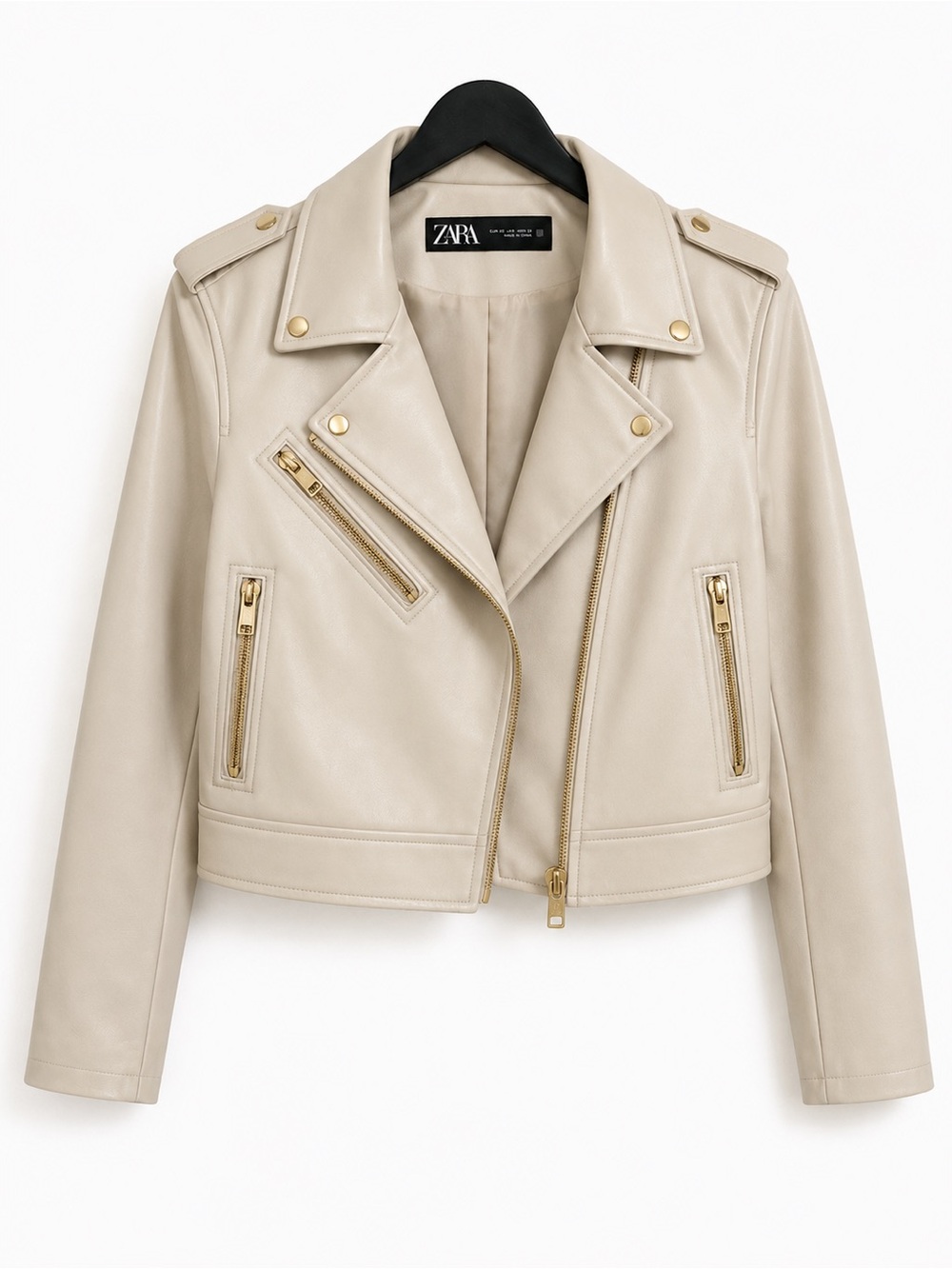 Zara Faux Leather Moto Biker Jacket Cream Ivory Cropped with Gold Hardware